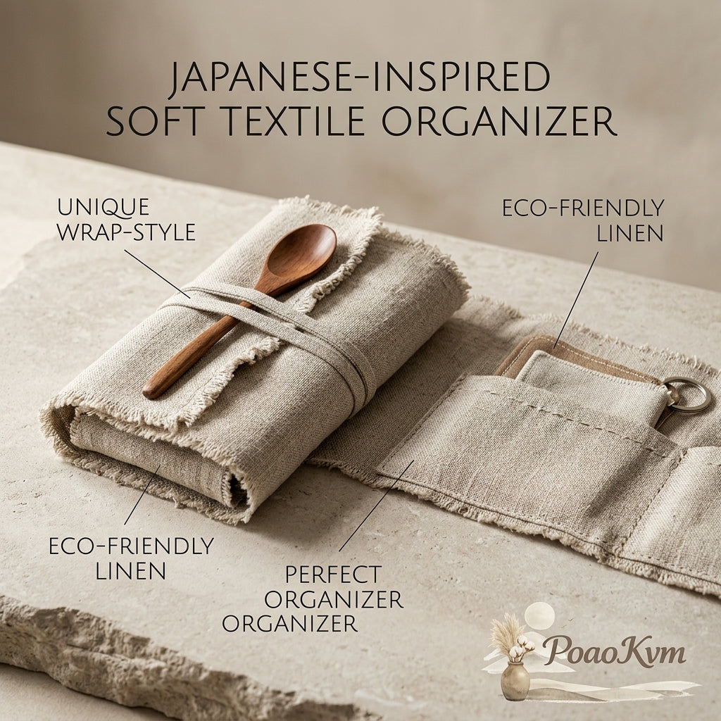 PoaoKvm™ Japanese-Inspired Minimalist Linen Wrap Organizer | Eco-Friendly Sustainable Textile Roll for Cutlery, Stationery & Travel Essentials | Aesthetic Wabi-Sabi Style Pouch