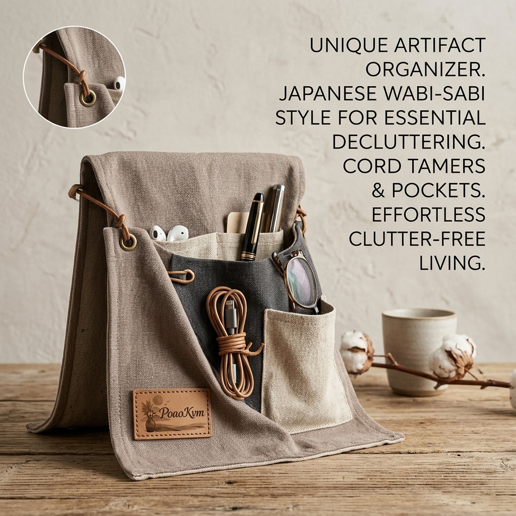 PoaoKvm™ Wabi-Sabi Canvas Desk Organizer – Minimalist Tech Accessory Stand & Cord Management Pouch – Portable Handcrafted Canvas Station for Pens, Earbuds, and Eyewear – Japanese Aesthetic Clutter-Free Workspace Solution