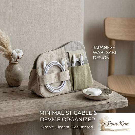 PoaoKvm™ Minimalist Japanese Wabi-Sabi Tech Organizer | Linen Cable Management Bag | Portable Electronics Travel Pouch | Aesthetic Desk Accessory & Cord Storage Case