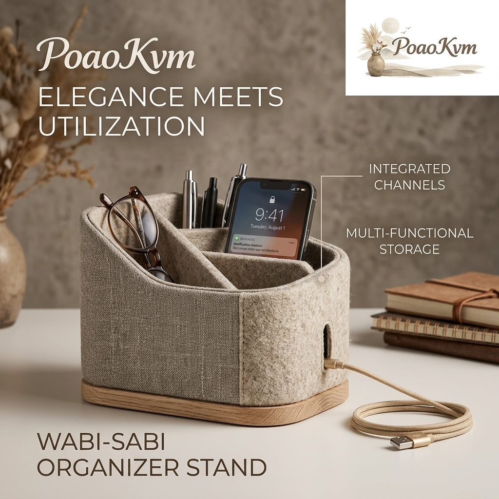 PoaoKvm™ Wabi-Sabi Desk Organizer Stand - Aesthetic Desktop Storage Box with Integrated Charging Channels & Multi-Functional Compartments for Home Office, Pens, Glasses, and Phone