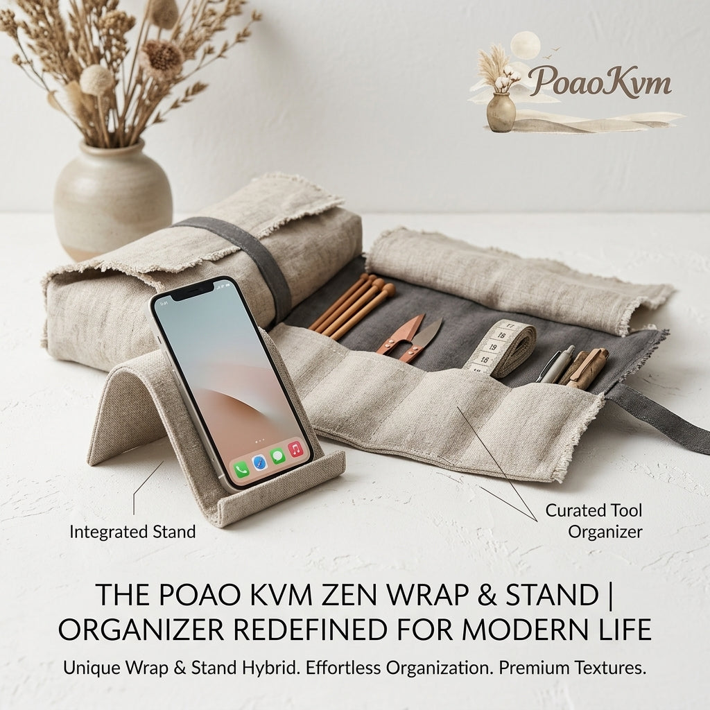 PoaoKvm™ Zen Wrap & Stand | 2-in-1 Premium Linen Roll-up Organizer & Integrated Phone Holder for Tech, Stationery, and Craft Tools